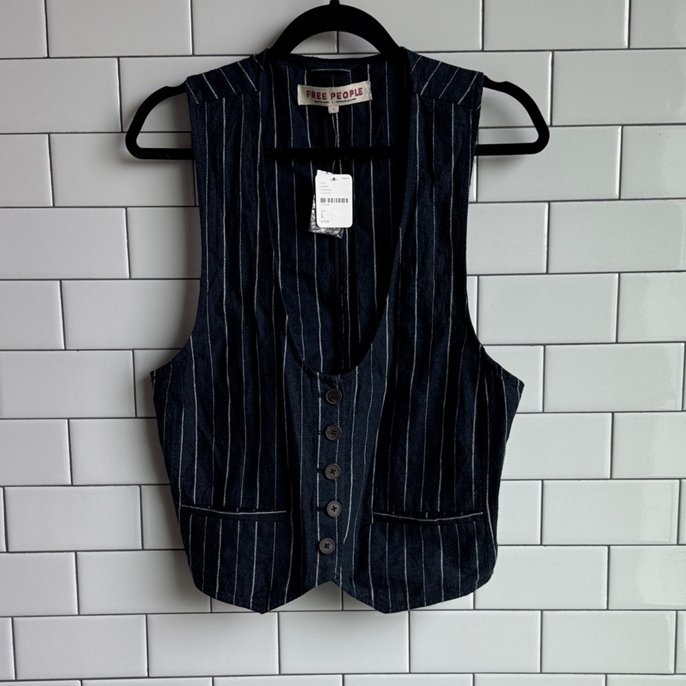 Free People Navy and White Pinstripe Vest
